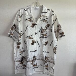 Beach Club Grenada Palm Tree Print Hawaiian Shirt Men's Large White Collared VTG
